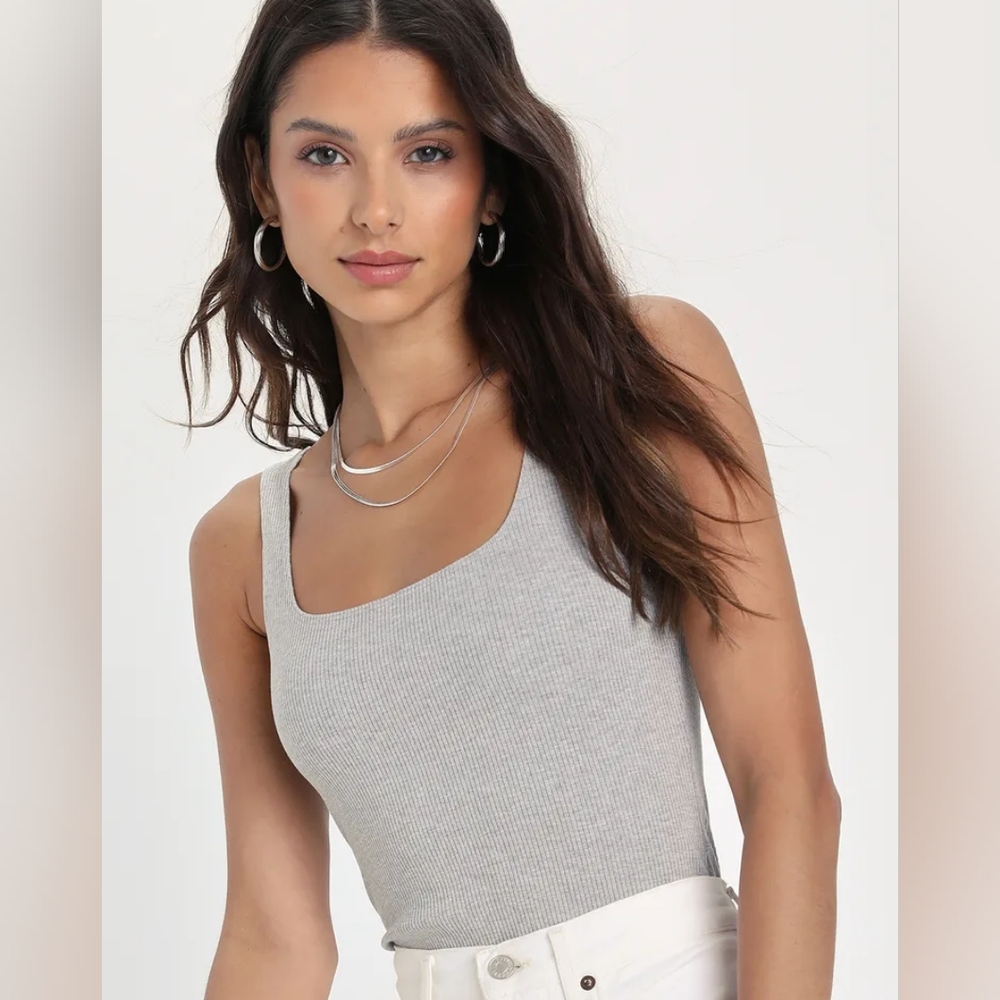Gray Ribbed Square Neck Bodysuit